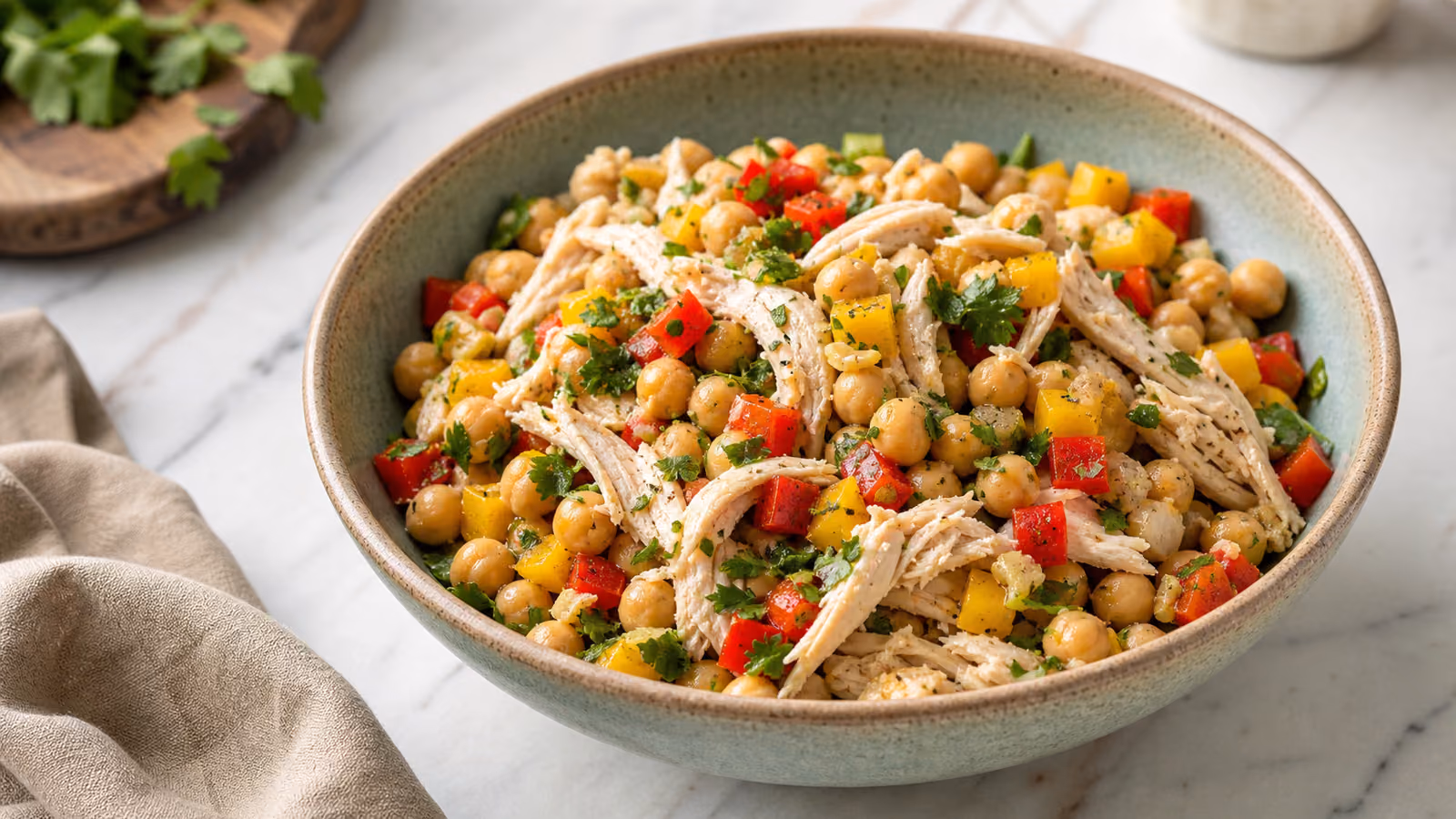 Tigela de salada de grão-de-bico com frango desfiado, salsinha e pimentão