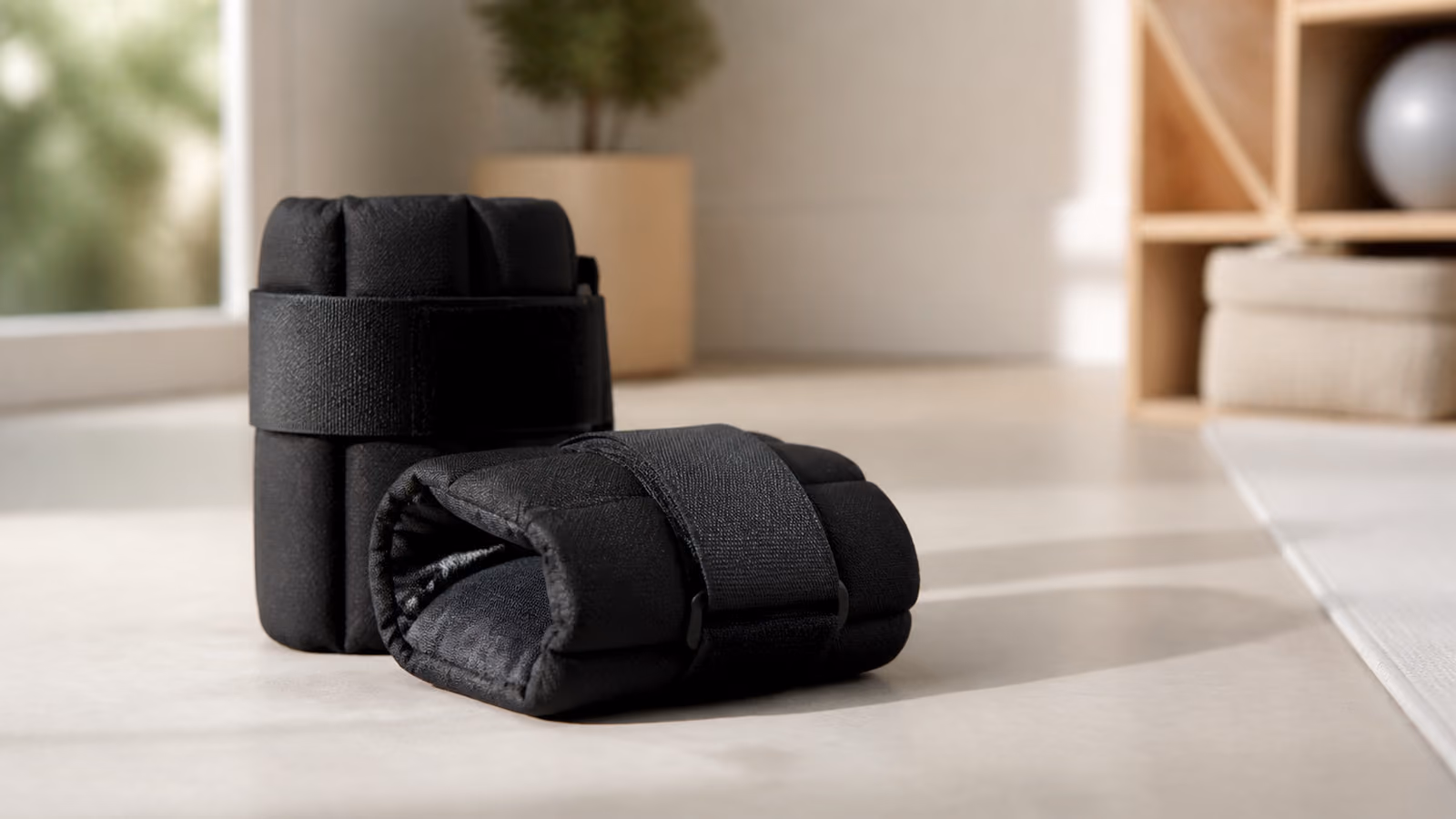 Par de caneleiras de peso pretas com fecho de velcro no chao de um ambiente domestico claro