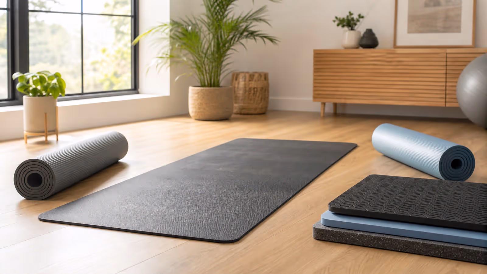 Colchonetes de treino de tipos e espessuras diferentes organizados em uma sala iluminada para exercícios em casa.