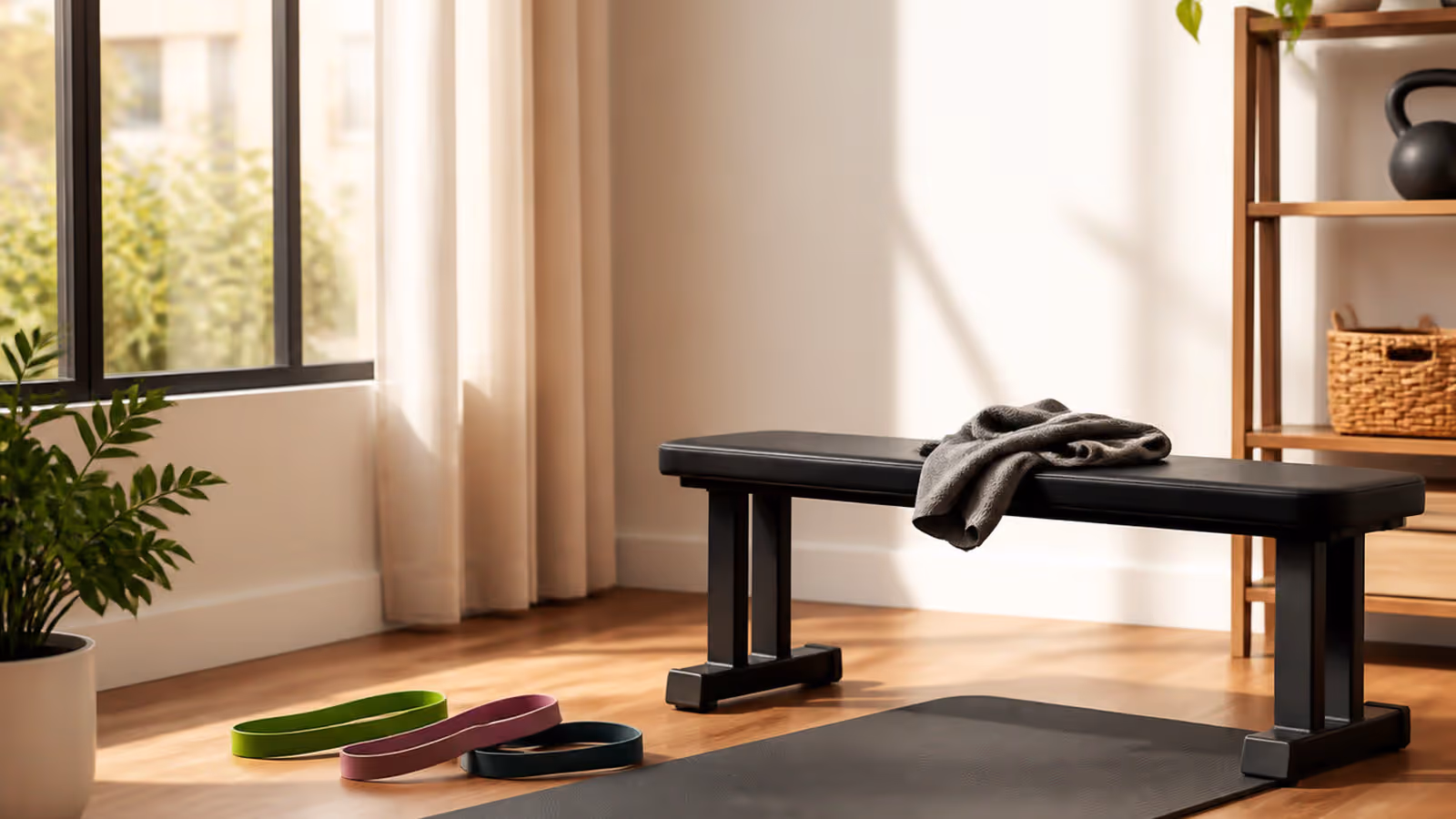 Elásticos extensores em um espaço claro de treino em casa