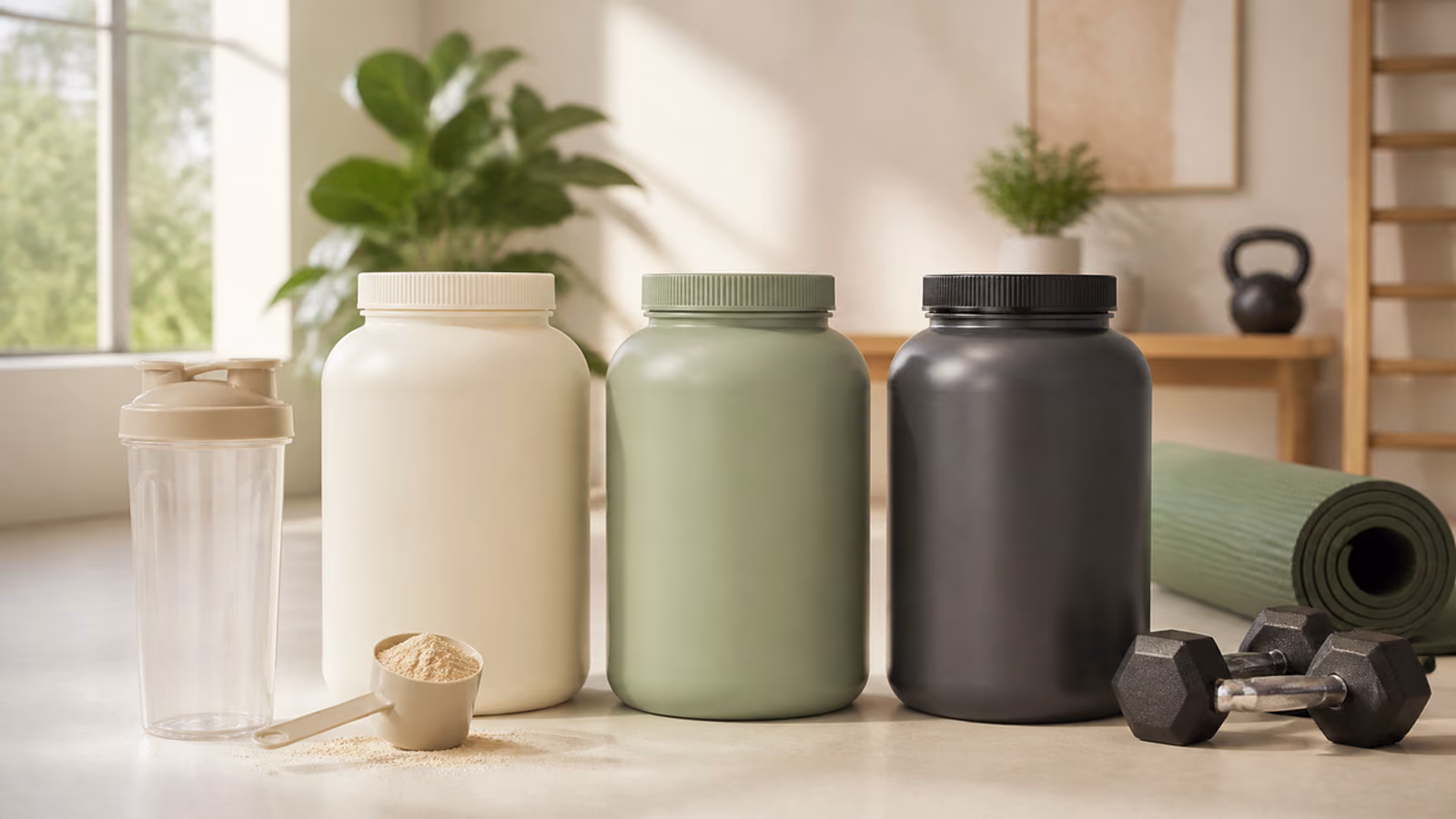 Três potes genéricos de whey protein com shaker, scoop e halteres em espaço de treino em casa