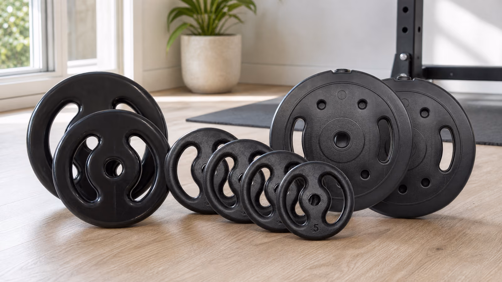 Anilhas de ferro e polietileno de pesos diferentes organizadas no chão de uma home gym iluminada
