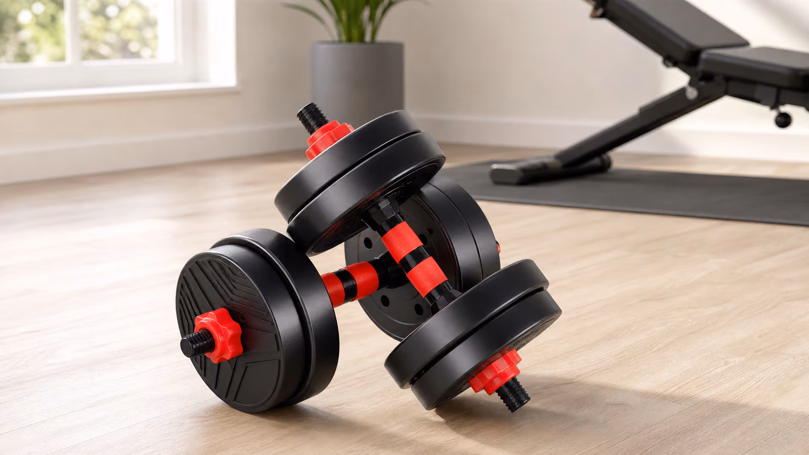 Par de halteres ajustáveis com discos de peso, apoiados no chão de uma home gym