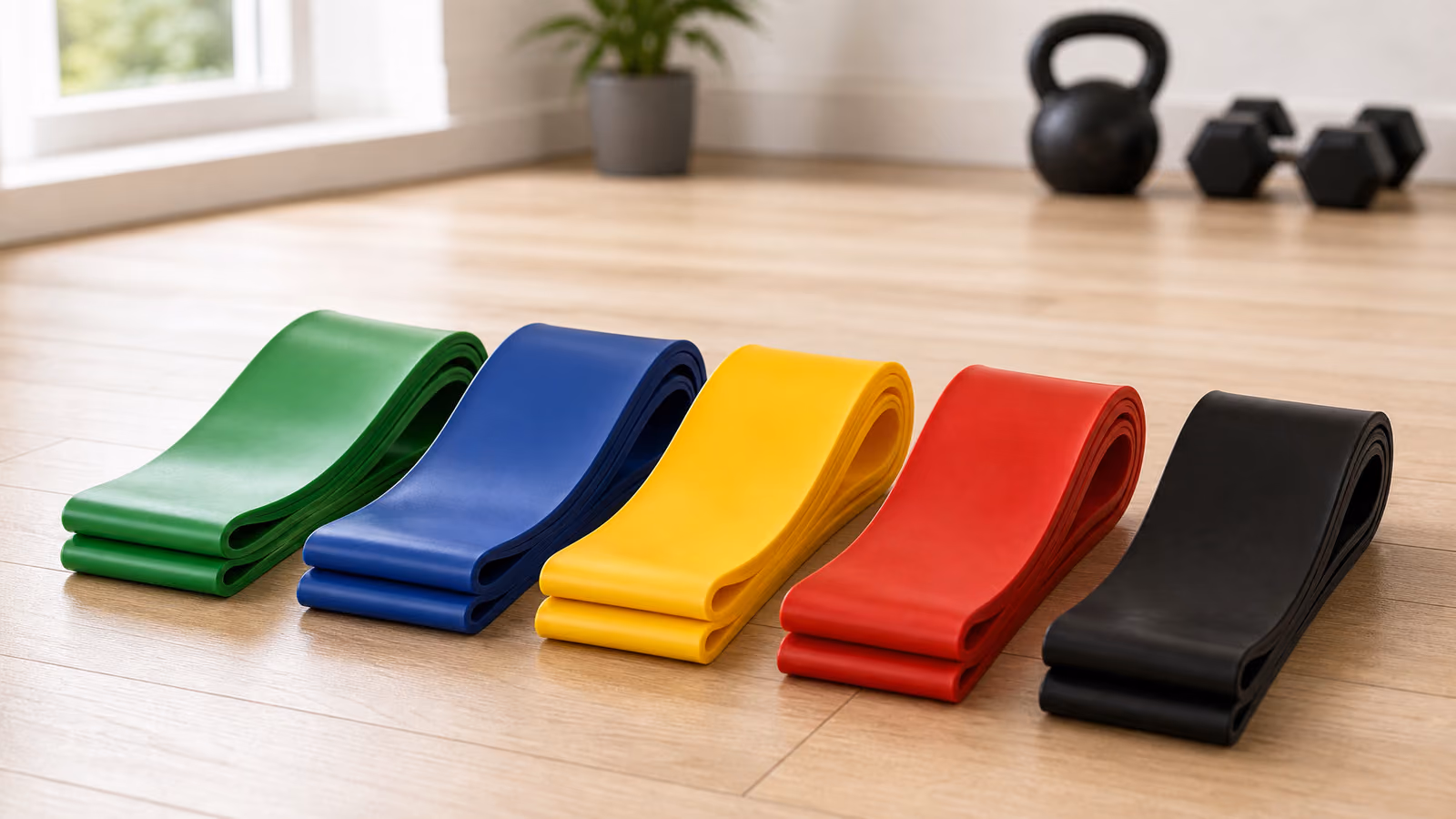 Kit de mini bands e faixas elásticas coloridas de níveis de resistência diferentes lado a lado numa home gym