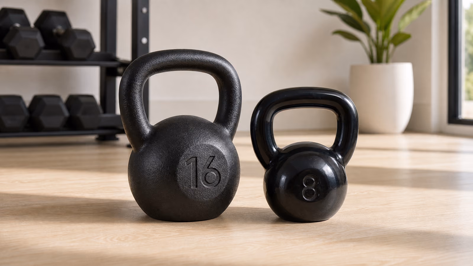 Dois kettlebells de tamanhos diferentes, um emborrachado e um de ferro fundido pintado, lado a lado numa home gym
