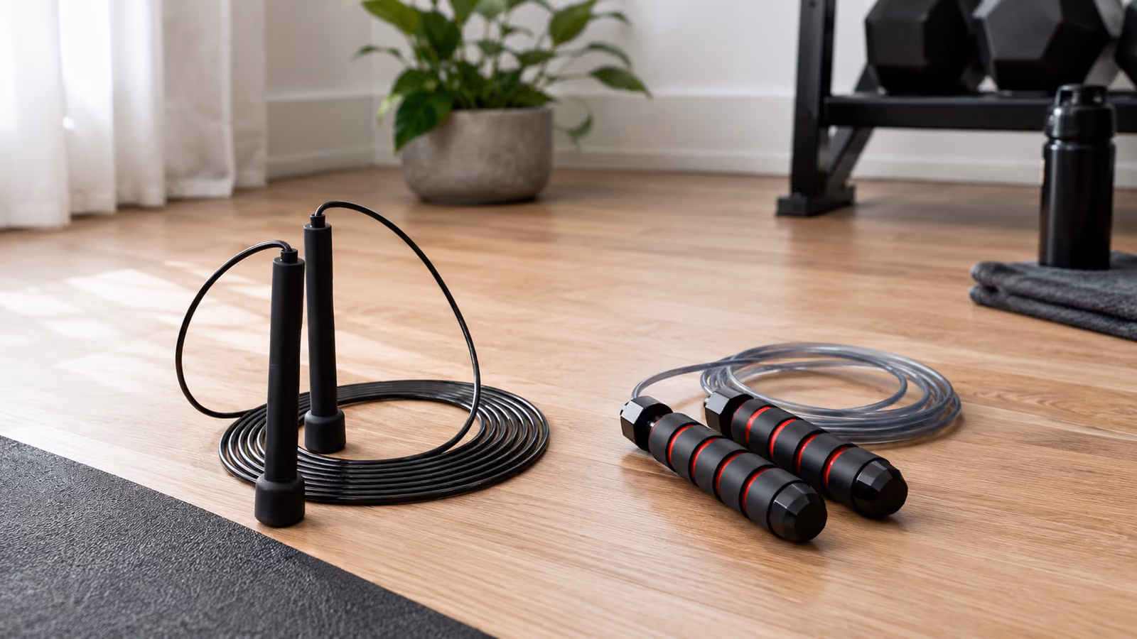 Cordas de pular de tipos diferentes — speed com cabo de aço e PVC ajustável — no chão de uma home gym iluminada