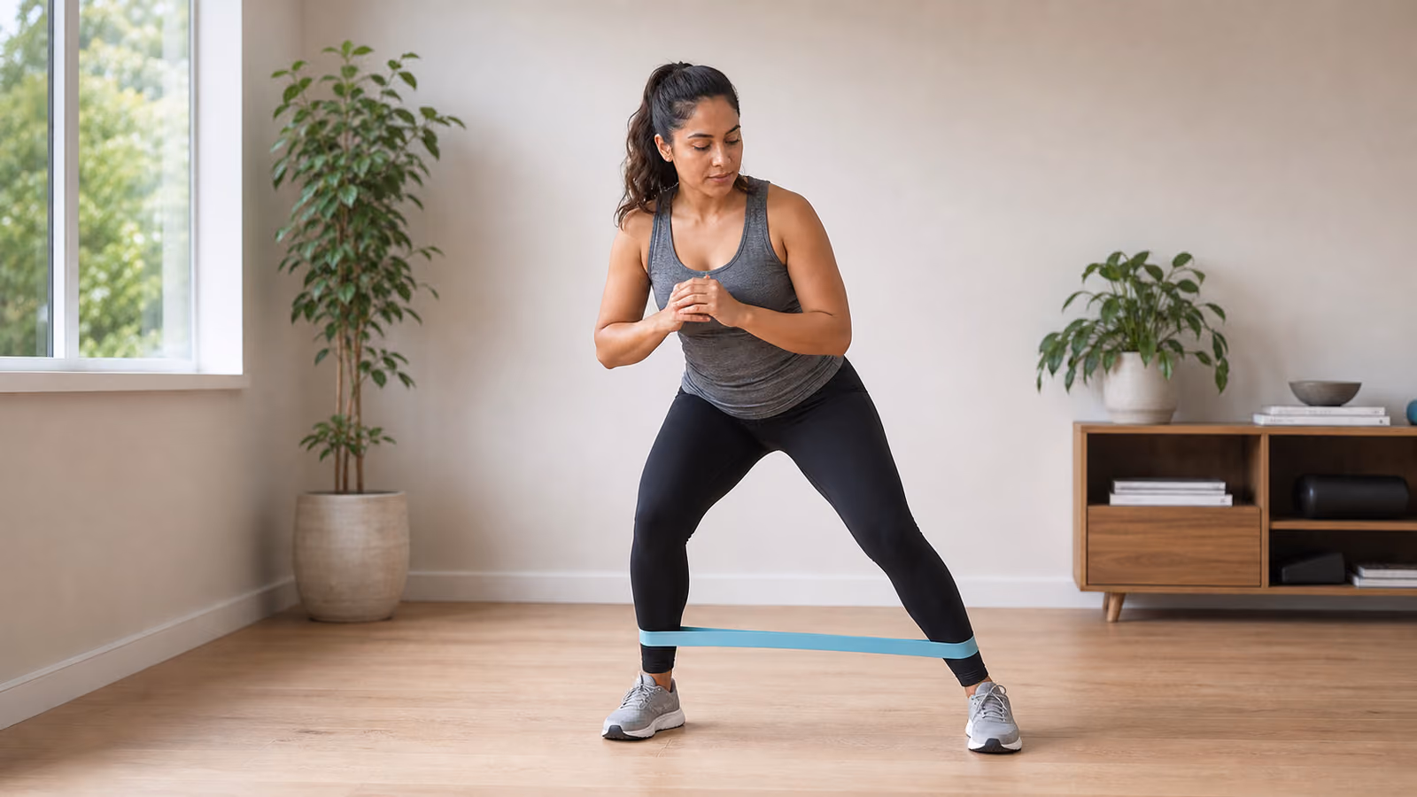 Pessoa fazendo caminhada lateral com mini band nos tornozelos, em pé, joelhos flexionados